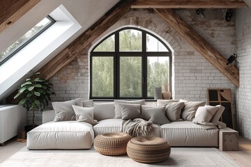 Grey attic living room interior with sofa