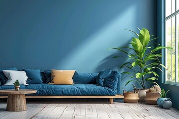 Home interior mock-up with blue sofa, wooden table and decor in blue living room, 3d render