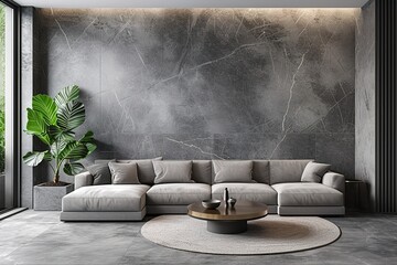 Gray living room, sofa and table