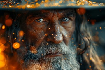 A close-up captures the smiling wizard, his iconic hat perched atop his head, conjuring sorcery as realistic fire sparkles in the air.