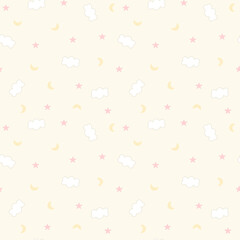 Cute sky seamless pattern vector. White cloud, yellow moon, pink star. Beautiful wallpaper and background. Design for fabric, paper, print, cover, kid cloth, baby design.