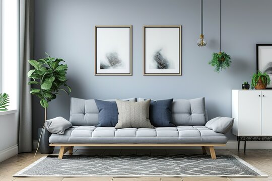 Grey settee near white cupboard in minimal living room interior with posters on the wall. Real photo
