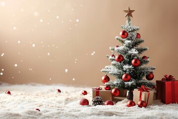 Fototapeta na wymiar minimalist christmas background with christnas tree and gift boxes