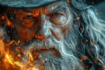 A close-up captures the smiling wizard, his iconic hat perched atop his head, conjuring sorcery as realistic fire sparkles in the air.
