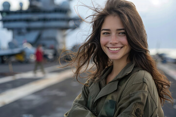 Fototapeta premium Brunette woman wearing military pilot uniform in military operations
