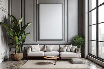 mock up poster in elegant living room in stylish apartment.