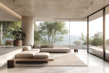 Minimal style living room 3d render.There are concrete floor,white wall.Finished with beige color furniture,The room has large windows. Looking out to see the scenery outside.