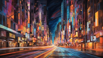 Fototapeta na wymiar The vibrant energy of a city at night, depicted through the blurred motion of highway lights, creating an abstract and colorful tapestry of urban life Generative AI