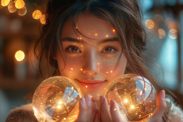 Naklejka premium A mystical witch girl, adorned in her robes, practices the ancient art of fortune-telling, gazing into a crystal ball