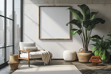 Modern living room, with blank frame for mockups