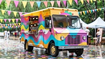 Obraz premium Vibrant food truck at city food festival with selective focus and space for text placement