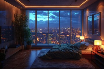 penthouse bedroom at night, dark gloomy, A room with a view of the city from the bed - obrazy, fototapety, plakaty