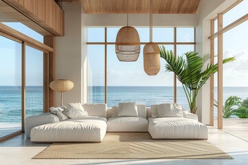 Perspective of modern luxury living room with white sofa and hanging lamp on sea view...