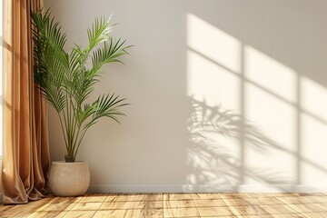 Fototapeta na wymiar Plant against a white wall mockup. White wall mockup with brown curtain, plant and wood floor. 3D illustration.