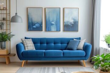 Real photo of bright living room interior with royal blue couch, three simple paintings, window with curtains and fresh plants