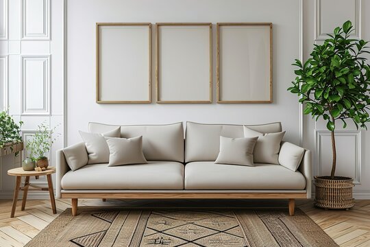 Scandinavian interior poster mock up with horizontal wooden frames, light grey sofa on wooden floor, wooden side table and green plant in living room with white wall. 3d illustrations