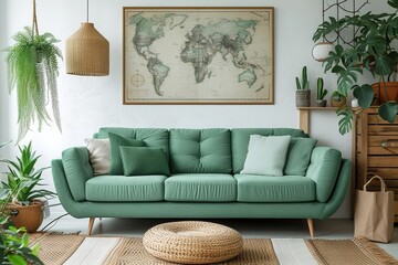 Stylish scandinavian living room interior with design mint sofa, furnitures, mock up poster map, plants, and elegant personal accessories. Home decor. Interior design. Template. Ready to use.