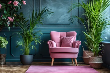 Stylish living room interior with beautiful house plants