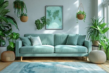 Stylish scandinavian living room with design mint sofa, furnitures, mock up poster map, plants and elegant personal accessories. Modern home decor. Bright and sunny room. Template Ready to use.