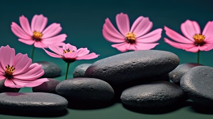 Photo of Black spa stones and pink cosmos flowers