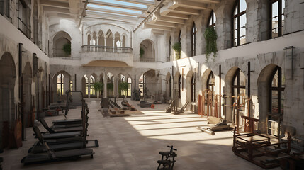 A gym layout for a medieval castle courtyard fitness center, with castle-inspired workouts and...