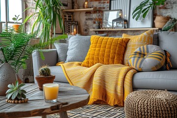 The stylish boho compostion at living room interior with design gray sofa, wooden coffee table, commode and elegant personal accessories. Honey yellow pillow and plaid. Cozy apartment. Home decor