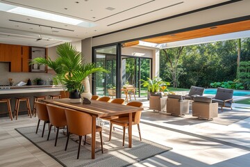 Sunny modern, luxury home showcase interior dining room open to patio