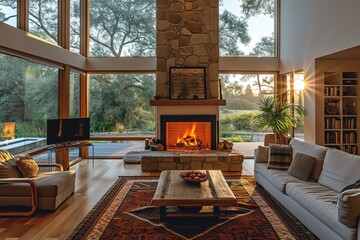 Warm inviting interior with gas log fireplace - obrazy, fototapety, plakaty