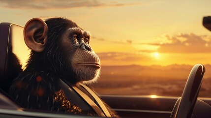 Chimpanzee in a Suit Enjoying a Sunset Drive. Generative ai - obrazy, fototapety, plakaty