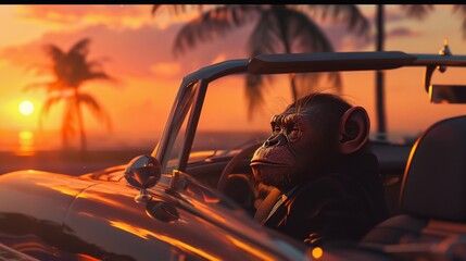 Chimpanzee in a Suit Enjoying a Sunset Drive. Generative ai - obrazy, fototapety, plakaty