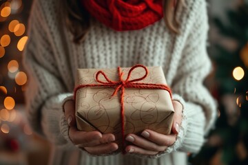 Woman holding wrapped Christmas gift at home