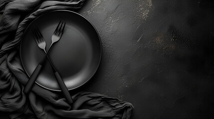 Empty black plate with forks next to it, a dark towel on a dark beautiful background. generative ai 