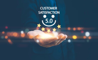 Customer review satisfaction feedback survey. customer services best excellent business rating experience. Satisfaction survey . Hand of a businessman chooses a smile face icon. 5 Star Satisfaction.