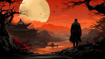 Illustration background of a samurai in front of a Japanese village - obrazy, fototapety, plakaty