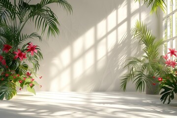 Fototapeta na wymiar Abstract white studio background for product presentation. Empty room with shadows of window and flowers and palm leaves . 3d room with copy space. Summer concert. Blurred backdrop. See Less