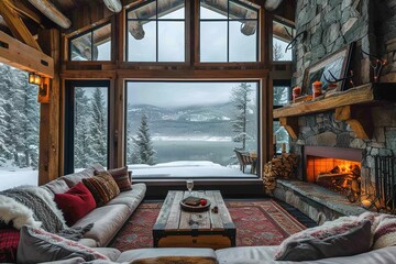 a cozy winter cabin interior with a roaring fireplace and rustic furnishings, where snowy landscapes meet warmth and comfort