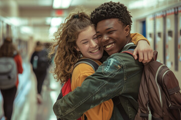 Happy high school friends walk embraced through hallway at school