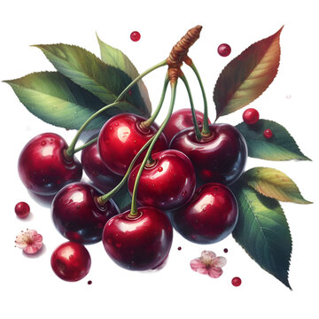 Ripe red cherries hang from a leafy branch
