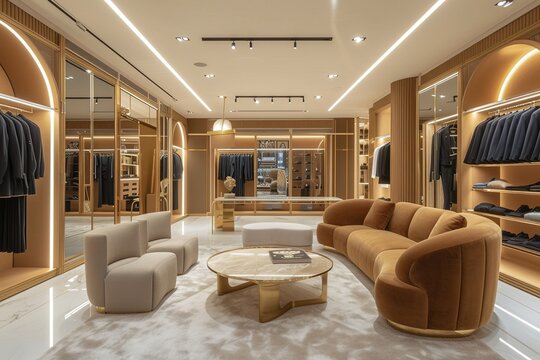 A luxury boutique store with modern interior design, creating a trendy retail space that captivates with stylish clothing.