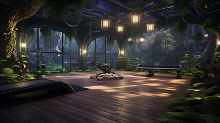 A gym layout for a mystical forest fitness center, with enchanted forest workouts and fairy tale...