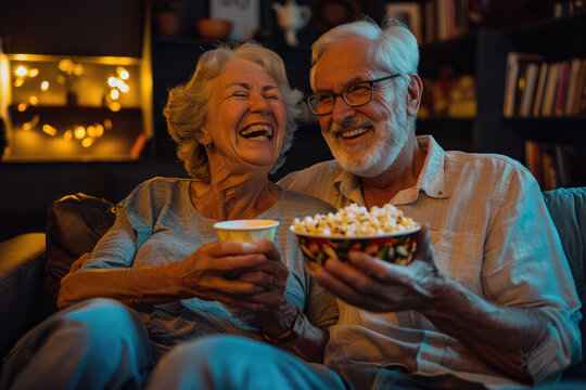Happy senior couple eating popcorn while watching movie at home