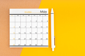 May 2024 Monthly calendar for 2024 year with pen.
