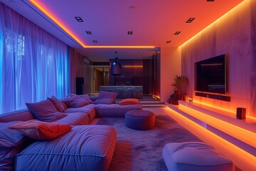 Colored LED lighting home cinema living room interior - obrazy, fototapety, plakaty