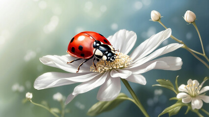 A beautiful natural background with a ladybug rests on a delicate white flower, its wings gently fluttering in the soft breeze and the ladybug and its surroundings invites a sense of peace