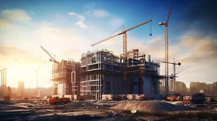 Construction site with cranes and building under construction