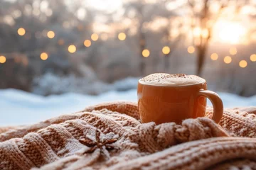 Poster Cozy warm winter composition with cup of hot coffee or chocolate, cozy blanket and snowy landscape on sunny winter day. Winter home decor. Christmas. New Years Eve. See Less © abstract Art