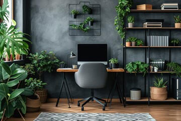 Dark open space living room interior with metal rack, grey armchair and plants in the background and study corner hairpin desk, books and empty monitor in the foreground