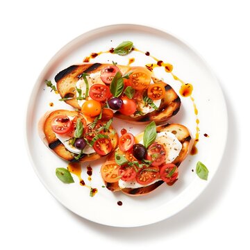 Bruscetta on a plate isolated on white background. Top view.