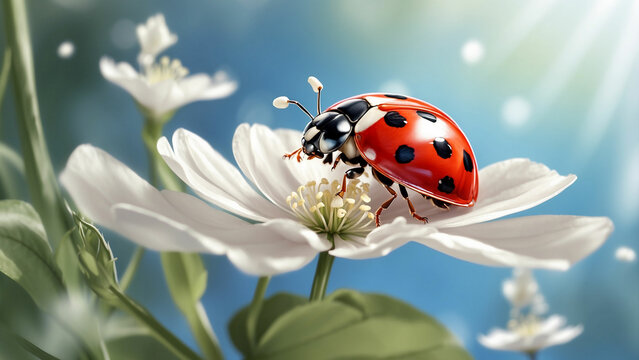 A beautiful natural background with a ladybug rests on a delicate white flower, its wings gently fluttering in the soft breeze and the ladybug and its surroundings invites a sense of peace