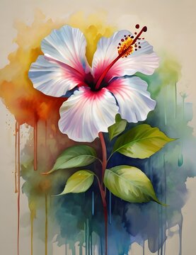 A colorful bouquet of flowers with the word hibiscus on it Painting of a flower with watercolor paint on it Generative AI